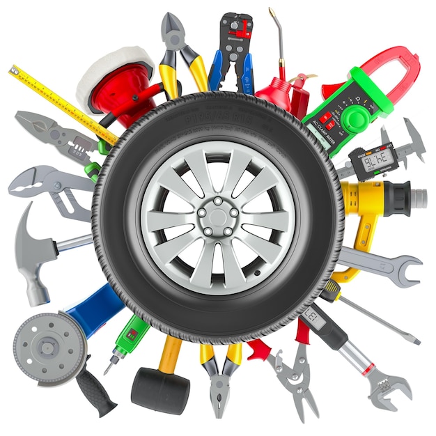 Roda de carro com ferramentas conceito de serviço e reparação de automóveis renderização 3D isolada em fundo transparente