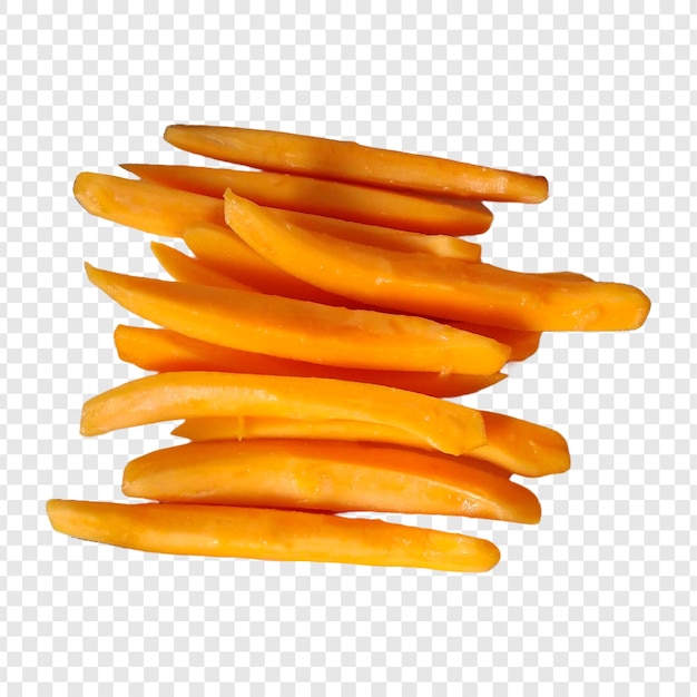 una rodaja de papaya en un fondo en blanco vista superior