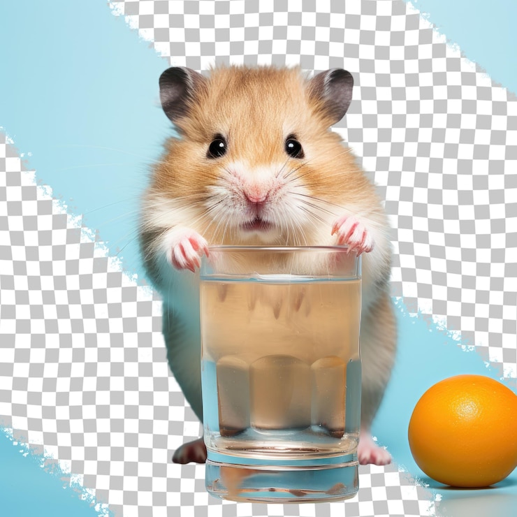 PSD un roedor está al lado de un vaso de líquido y una fruta de rangpur