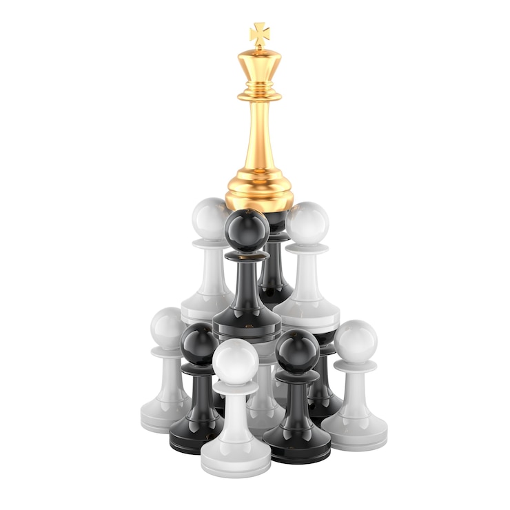 PSD roi d'échecs sur la pile de pions vainqueur et chef concept rendu 3d isolé sur un fond transparent
