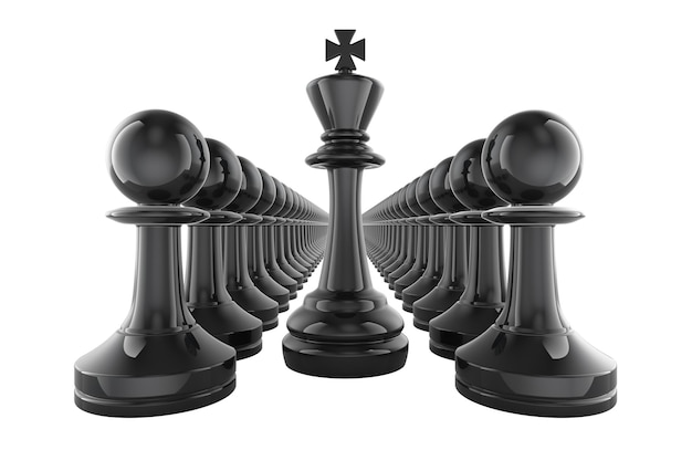 Roi d'échecs et rangées de pions noirs vainqueur et chef concept rendu 3D isolé sur fond transparent