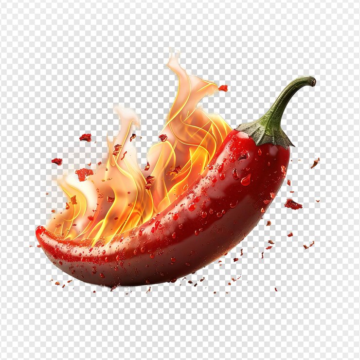 PSD rojo chile con efecto de quema de fuego aislado en fondo transparente generativo ai