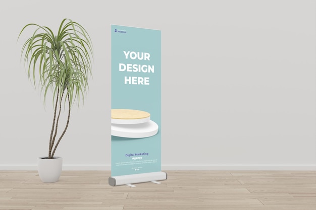 Roll Up Banner Mockup Avec Une Plante à Côté