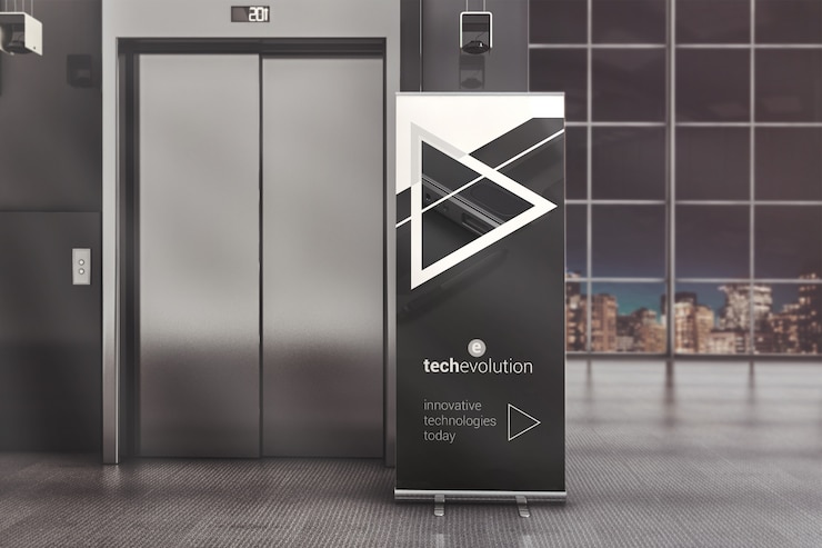 PSD roll up banner stand en maqueta de hall de oficina