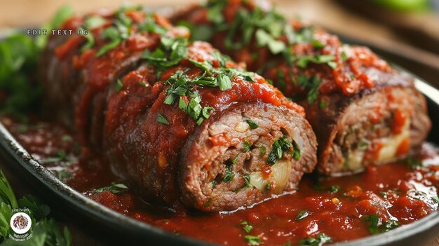 Rollatini de carne relleno en una rica salsa de tomate adornado con perejil