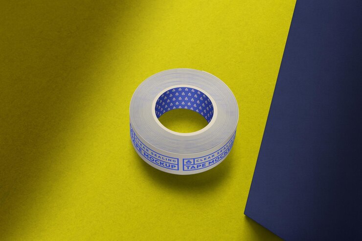 PSD un rollo de cinta adhesiva transparente en una superficie amarilla y azul