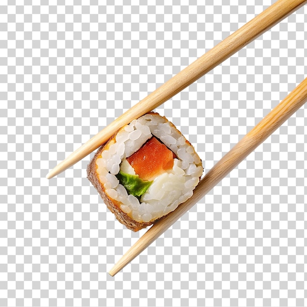 PSD un rollo de sushi en palillos sobre un fondo transparente