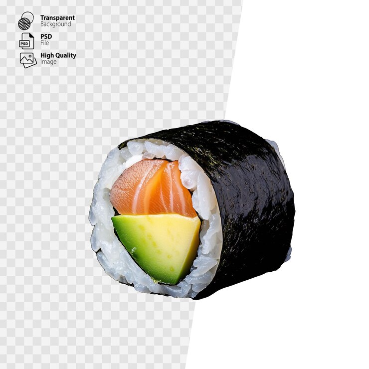 PSD un rollo de sushi con salmón y aguacate envuelto en arroz y algas marinas sobre un fondo transparente
