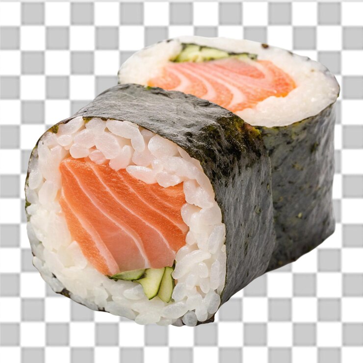 PSD un rollo de sushi de salmón aislado sobre un fondo transparente