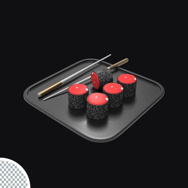 Rollo de sushi tradicional con salmón y palillos 3d renderizado realista ilustración aislada