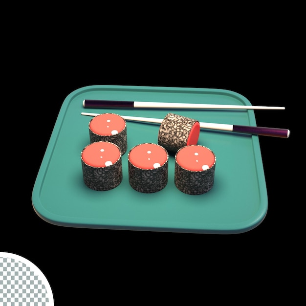Rollo de sushi tradicional con salmón y palillos 3d renderizado realista ilustración aislada