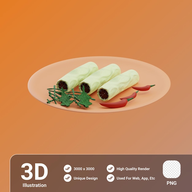 PSD rollos de arroz de comida asiática con cerdo ilustración 3d