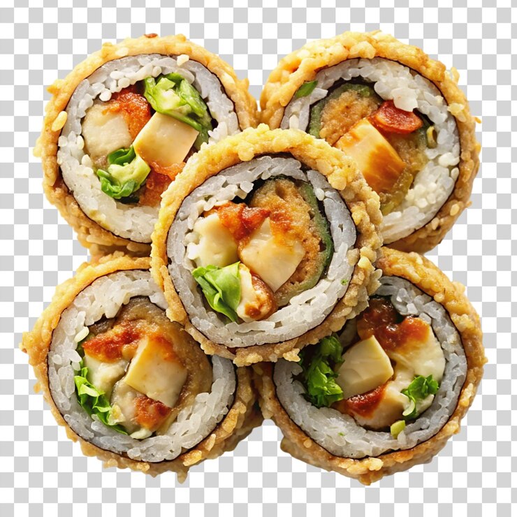 PSD rollos de cangrejo de concha blanda batidos con tempura aislados sobre un fondo transparente