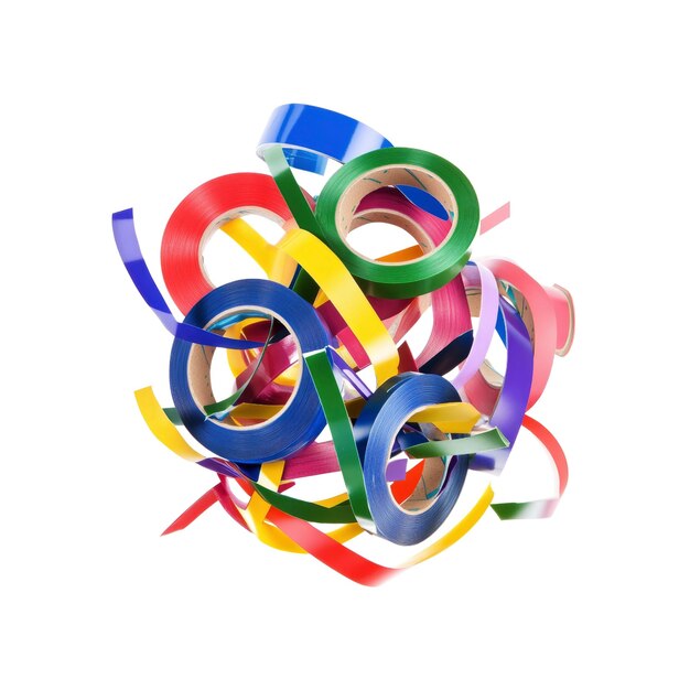 Rollos de cinta de colores en un montón enredado