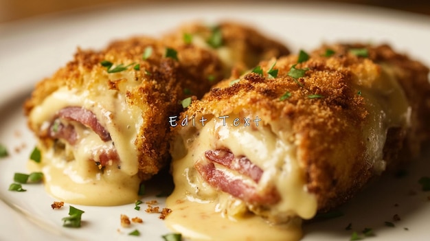 Rollos panados crujientes llenos de queso y jamón servidos con salsa cremosa