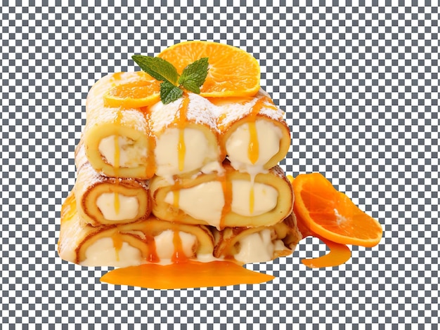 Rollos de panqueques de crema de naranja frescos y sabrosos con fondo transparente aislado