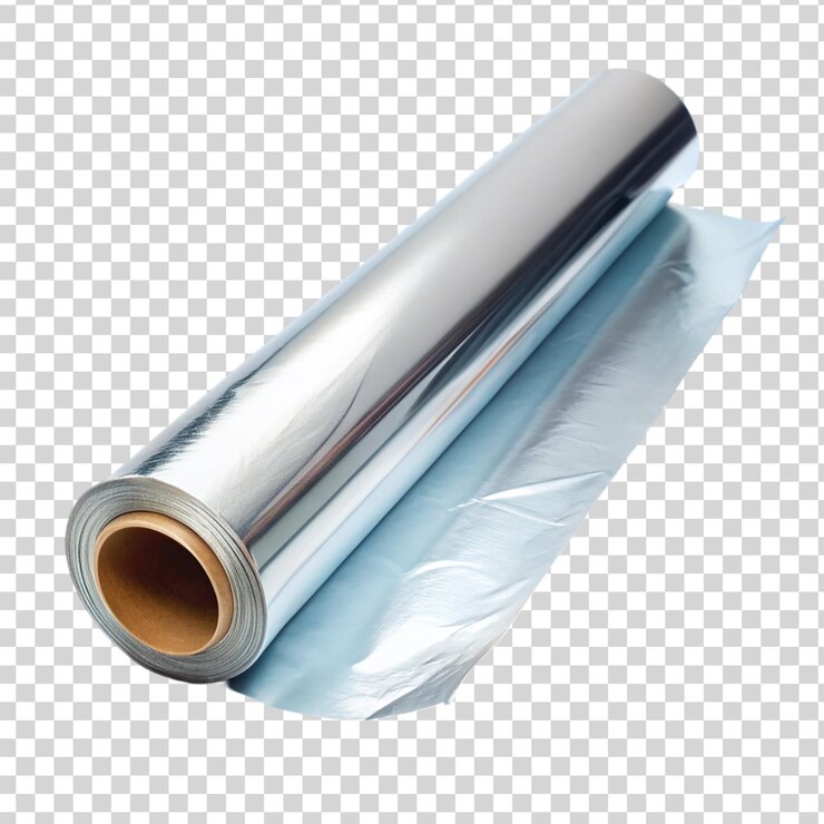 PSD rollos de papel de aluminio plateado aislados sobre un fondo transparente