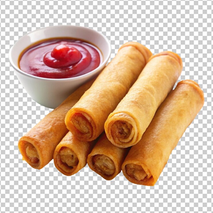 PSD rollos de primavera crujientes servidos con ketchup y lechuga en un plato sobre un fondo transparente