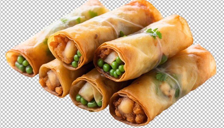 PSD rollos de primavera fritos, bocadillos y delicias doradas y crujientes.