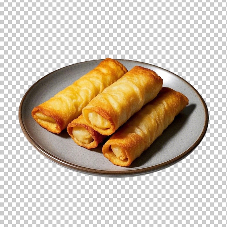 PSD rollos de primavera fritos chinos en un plato sobre un fondo transparente