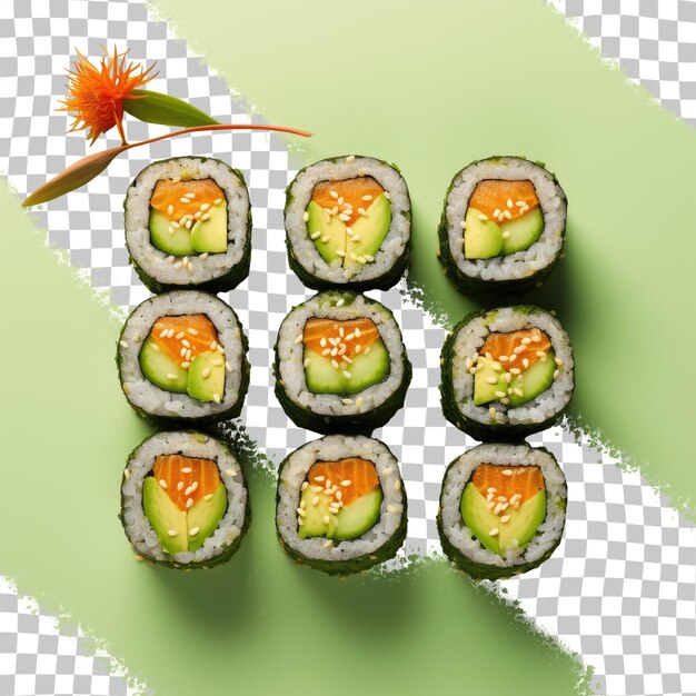 PSD rollos de sushi de aguacate desde arriba al estilo rústico japonés