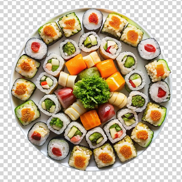 Rollos de sushi en bandeja aislados sobre un fondo transparente