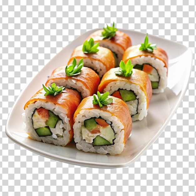 Rollos de sushi dispuestos cuidadosamente en un plato aislado sobre un fondo transparente