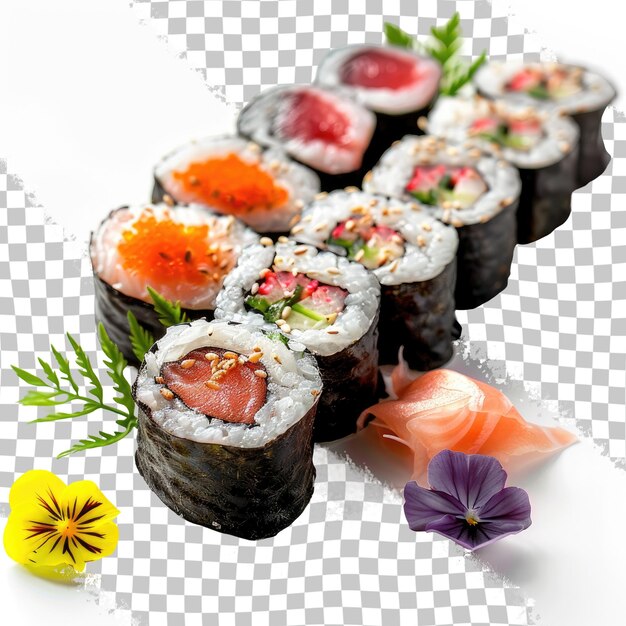 PSD los rollos de sushi están alineados en una superficie a cuadros