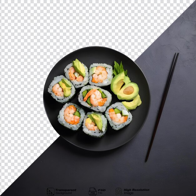 Rollos de sushi de queso de camarón y aguacate aislados en una superficie oscura