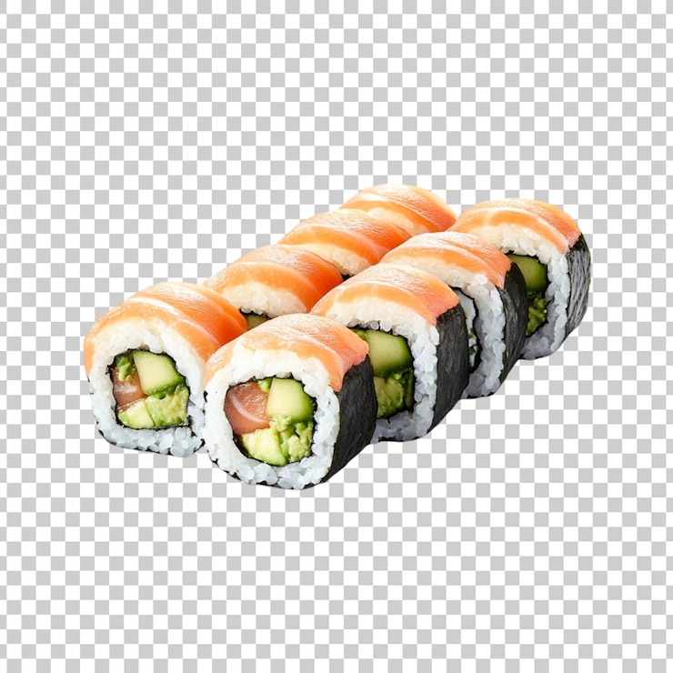 PSD rollos de sushi de salmón fresco en una fila sobre un fondo transparente