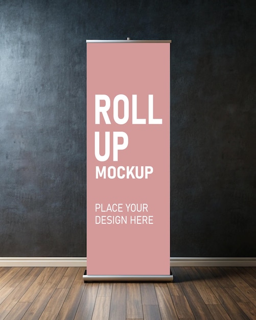 Rollup-Banner-Mockup auf dunklem Wandhintergrund