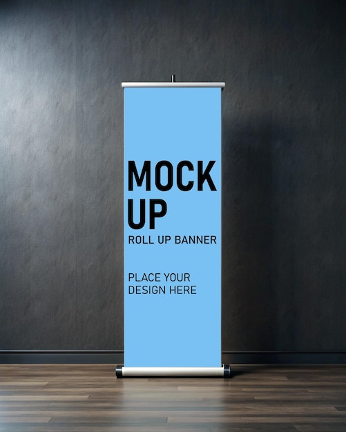 Rollup-Banner-Mockup auf dunklem Wandhintergrund