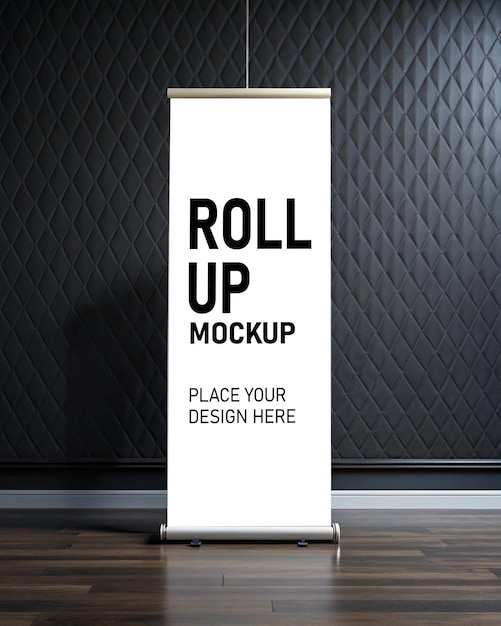 Rollup-Banner-Mockup auf dunklem Wandhintergrund