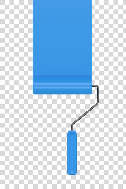 Rolo de pintura azul com rastro de cor isolado em uma renderização 3d de renovação de casa de fundo branco