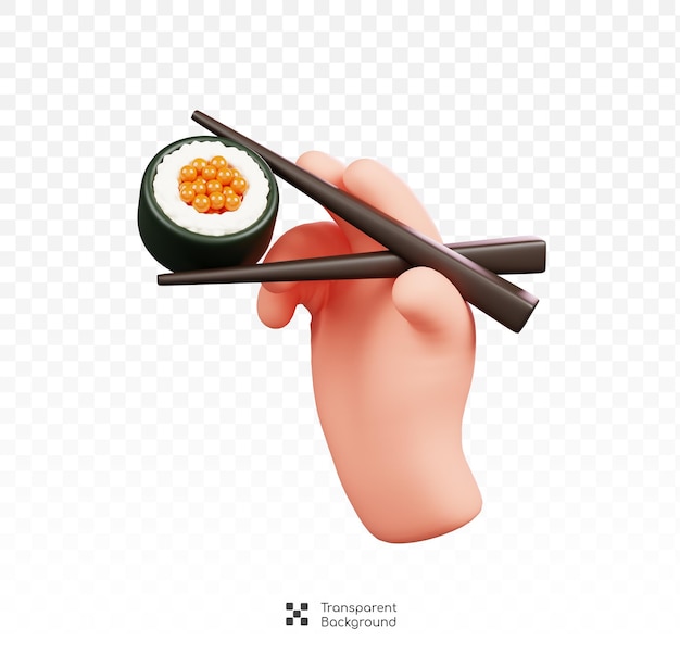 Rolo de sushi de mão com palitos de bambu símbolos isolados ícones e cultura do japão 3d ren