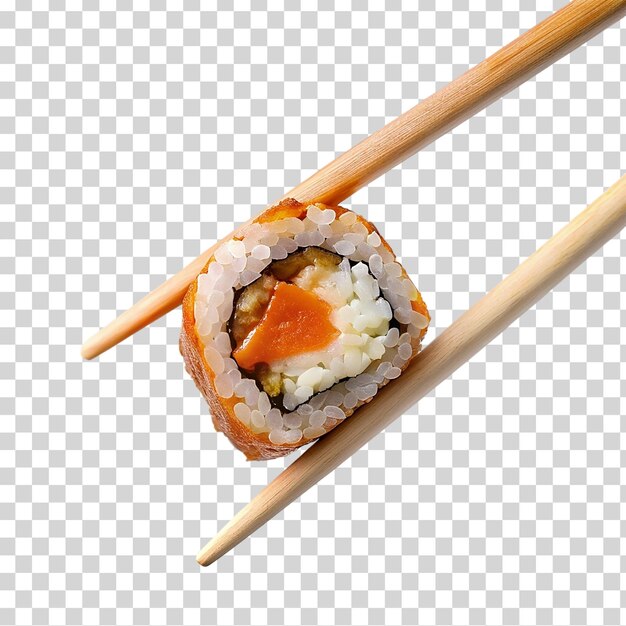 Rolo de sushi em pauzinhos em fundo transparente