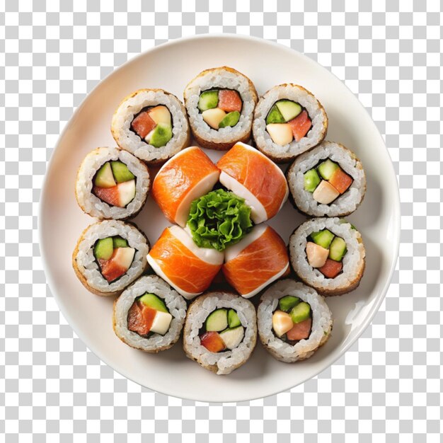PSD rolos de sushi dispostos cuidadosamente em um prato isolado em fundo transparente