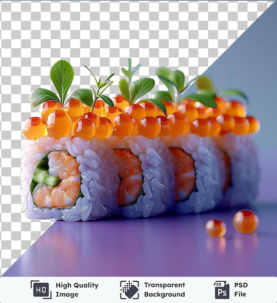 PSD rolos de sushi monjayaki con hojas verdes frescas en una mesa brillante