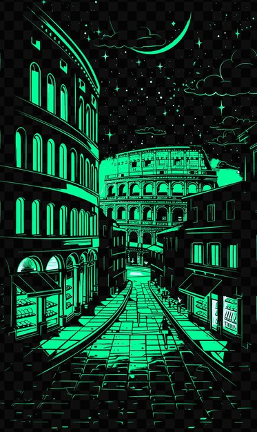 PSD roma con la escena de la calle antigua y el coliseo la fuente de trevi psd camiseta vectorial tatuaje tinta paisaje arte