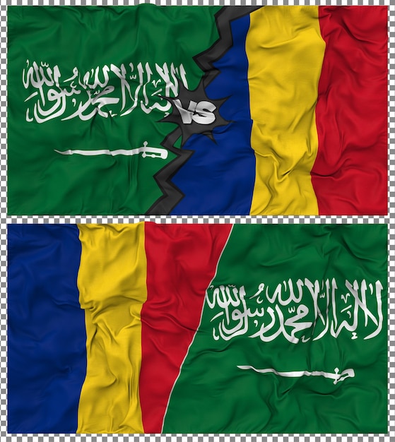 Romania contro l'Arabia Saudita Half Combined Flag Cloth Bump Texture Rendering 3D