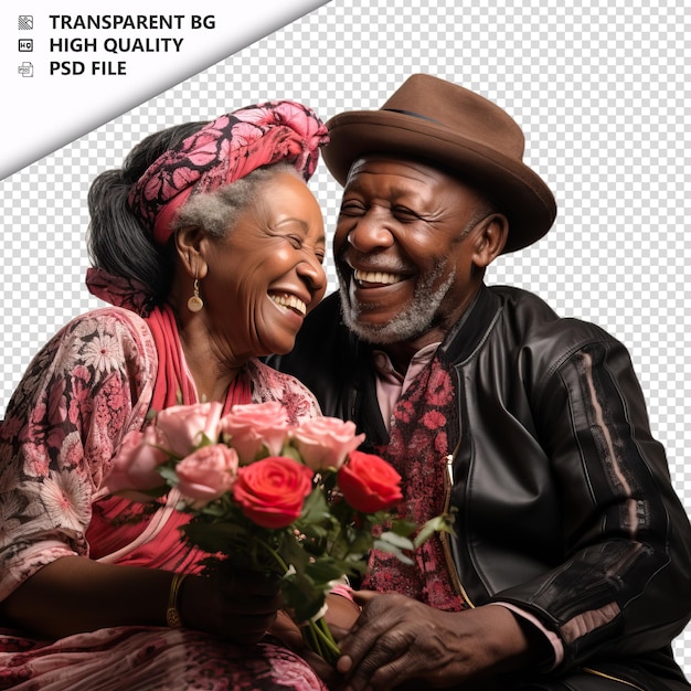 PSD romantic old black couple valentinstag mit geschenk tradit transparenter hintergrund psd isoliert