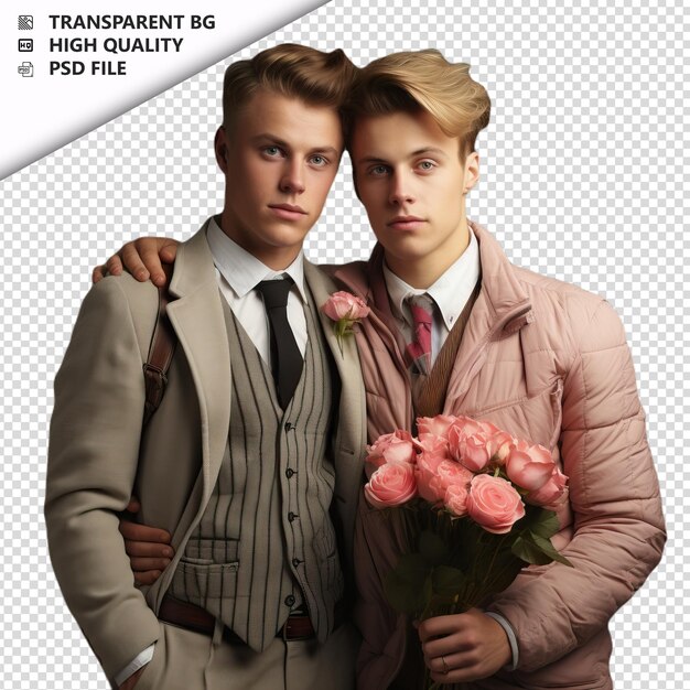 PSD romantic young gay couple valentinstag mit huging vint transparenter hintergrund psd isoliert.