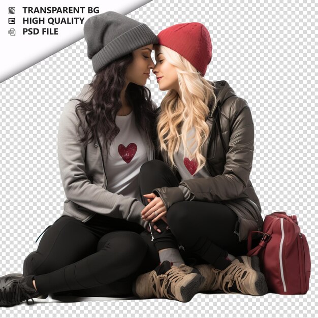 PSD romántica joven pareja de lesbianas día de san valentín con regalo st fondo transparente psd aislado.