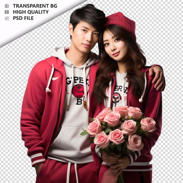 PSD romântico jovem casal coreano dia dos namorados com rosas sp fundo transparente psd isolado.
