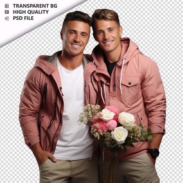 PSD romântico jovem casal gay dia dos namorados com flores spo fundo transparente psd isolado