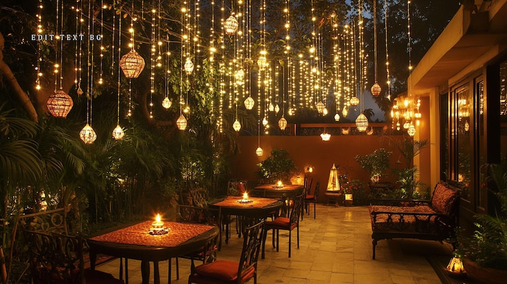 PSD romántico patio al aire libre comiendo por la noche iluminado con luces de cuerda y velas