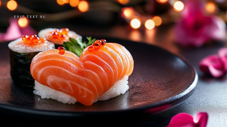 PSD romantico sushi di salmone a forma di cuore e maki su un piatto scuro con luci festive