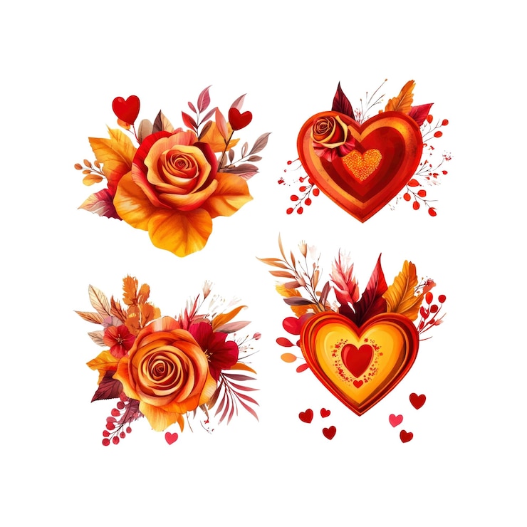 PSD romantische aquarelle rosen und herzen clipart
