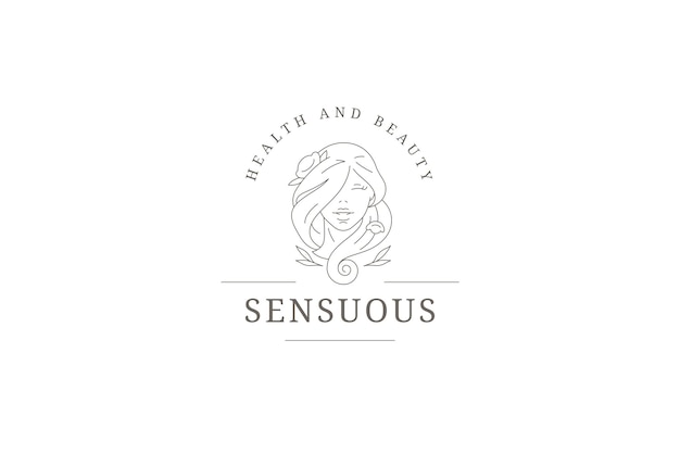 Romantische schöne Frau mit Blumen im Haar Umrisse Logo Design Vorlage