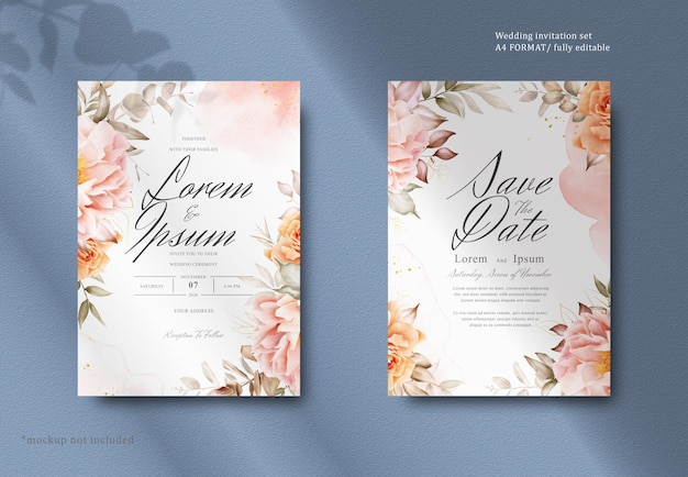 Romantisches Aquarell-Hochzeitseinladungskarten-Set mit kastanienbraunen Blumen und Blättern